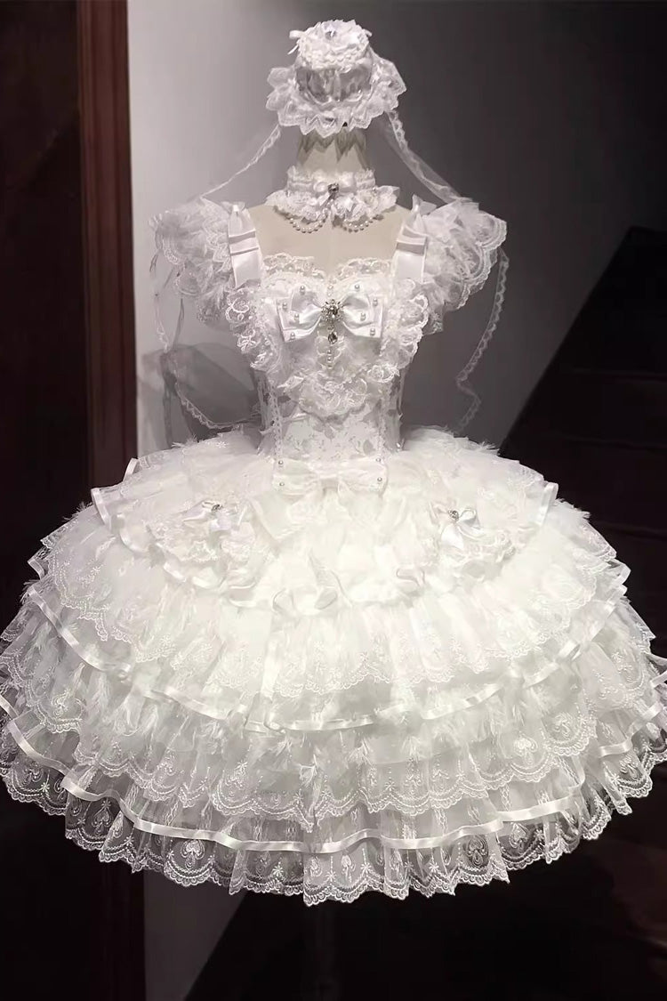 Lolita Jumper Skirt - Ballad Of Feathers, White, Layered, Sweet Style, Bow Detail - additional product view 3