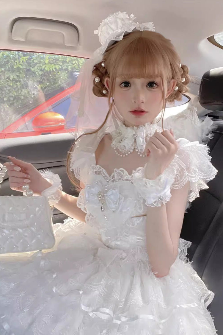 Lolita Jumper Skirt - Ballad Of Feathers, White, Layered, Sweet Style, Bow Detail - additional product view 4