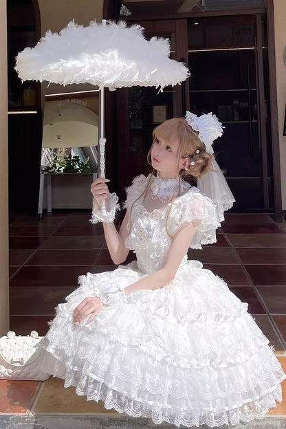Lolita Jumper Skirt - Ballad Of Feathers, White, Layered, Sweet Style, Bow Detail - additional product view 5