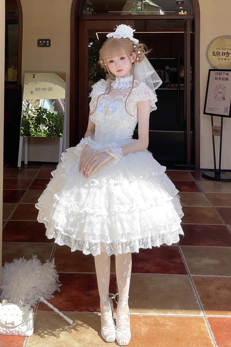 Lolita Jumper Skirt - Ballad Of Feathers, White, Layered, Sweet Style, Bow Detail - main product image