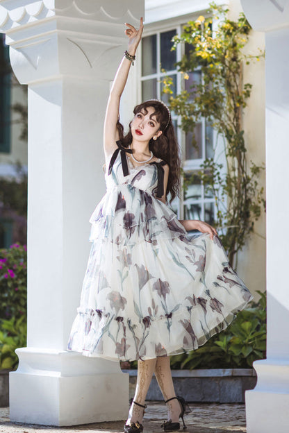 Lolita Jumper Skirt - Black Lily, 2 Colors, Ruffled, Printed, Layered - additional product view 4