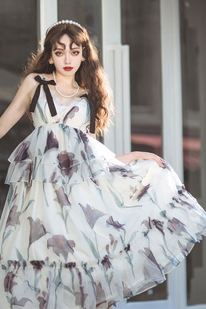 Lolita Jumper Skirt - Black Lily, 2 Colors, Ruffled, Printed, Layered - additional product view 6