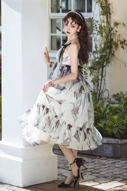 Lolita Jumper Skirt - Black Lily, 2 Colors, Ruffled, Printed, Layered - additional product view 7
