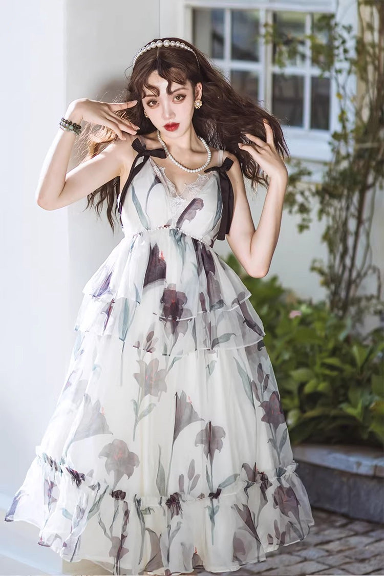 Lolita Jumper Skirt - Black Lily, 2 Colors, Ruffled, Printed, Layered - main product image