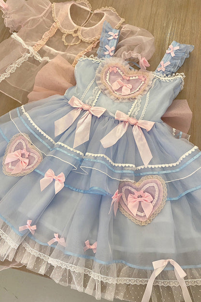 Lolita Jumper Skirt - Blue/pink Multi-layer Love, 2 Colors, Ruffled, Sweet Style - additional product view 3