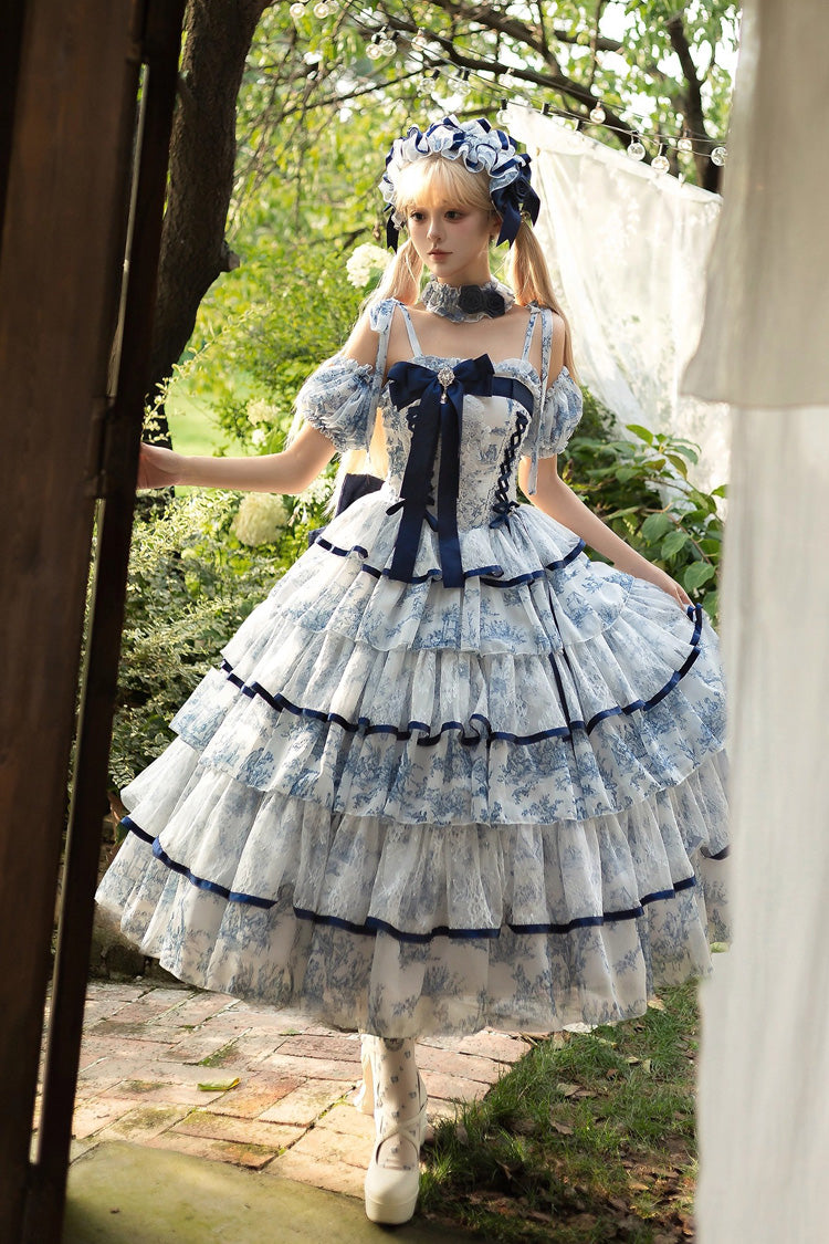 Lolita Jumper Skirt - Blue/white, 2 Colors, Long Length, Bow Detail, Printed - additional product view 2