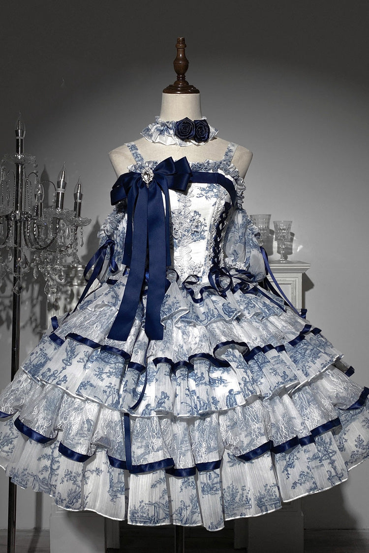 Lolita Jumper Skirt - Blue/white, 2 Colors, Long Length, Bow Detail, Printed - additional product view 3