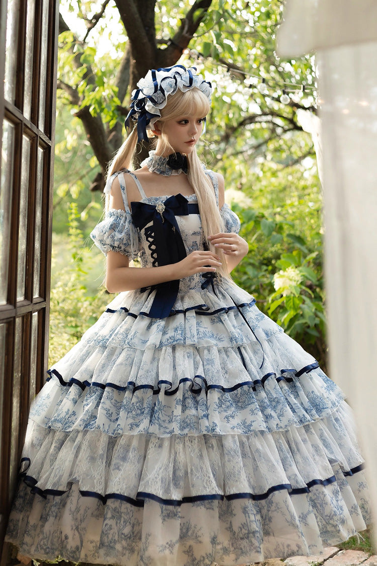 Lolita Jumper Skirt - Blue/white, 2 Colors, Long Length, Bow Detail, Printed - additional product view 4