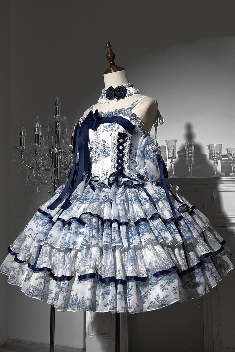 Lolita Jumper Skirt - Blue/white, 2 Colors, Long Length, Bow Detail, Printed - additional product view 5