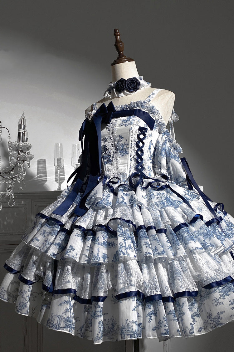 Lolita Jumper Skirt - Blue/white, 2 Colors, Long Length, Bow Detail, Printed - additional product view 6