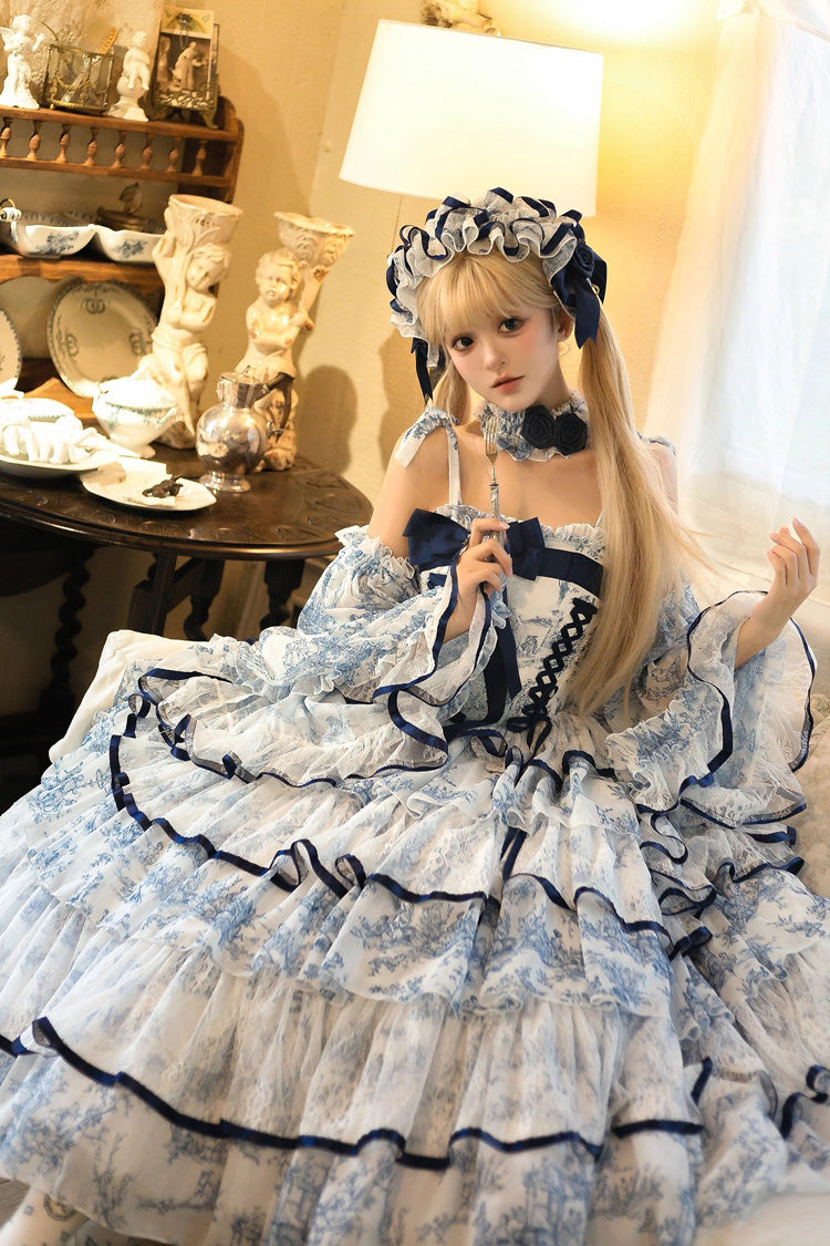 Lolita Jumper Skirt - Blue/white, 2 Colors, Long Length, Bow Detail, Printed - additional product view 7