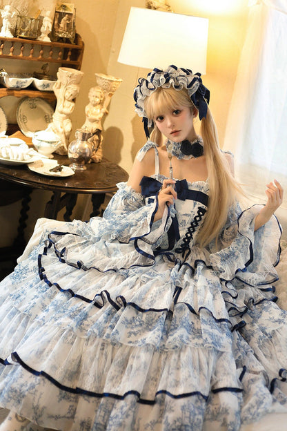 Lolita Jumper Skirt - Blue/white, 2 Colors, Long Length, Bow Detail, Printed - additional product view 7