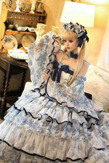 Lolita Jumper Skirt - Blue/white, 2 Colors, Long Length, Bow Detail, Printed - additional product view 8