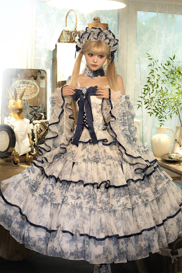 Lolita Jumper Skirt - Blue/white, 2 Colors, Long Length, Bow Detail, Printed - additional product view 9