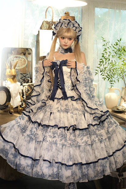 Lolita Jumper Skirt - Blue/white, 2 Colors, Long Length, Bow Detail, Printed - additional product view 9