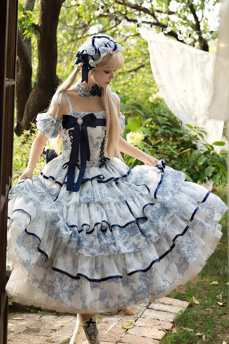 Lolita Jumper Skirt - Blue/white, 2 Colors, Long Length, Bow Detail, Printed - main product image
