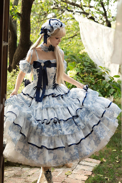 Lolita Jumper Skirt - Blue/white, 2 Colors, Long Length, Bow Detail, Printed - main product image