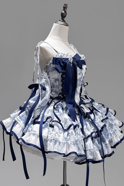 Lolita Jumper Skirt - Blue/white, 2 Colors, Short Length, Bow Detail, Printed - additional product view 2