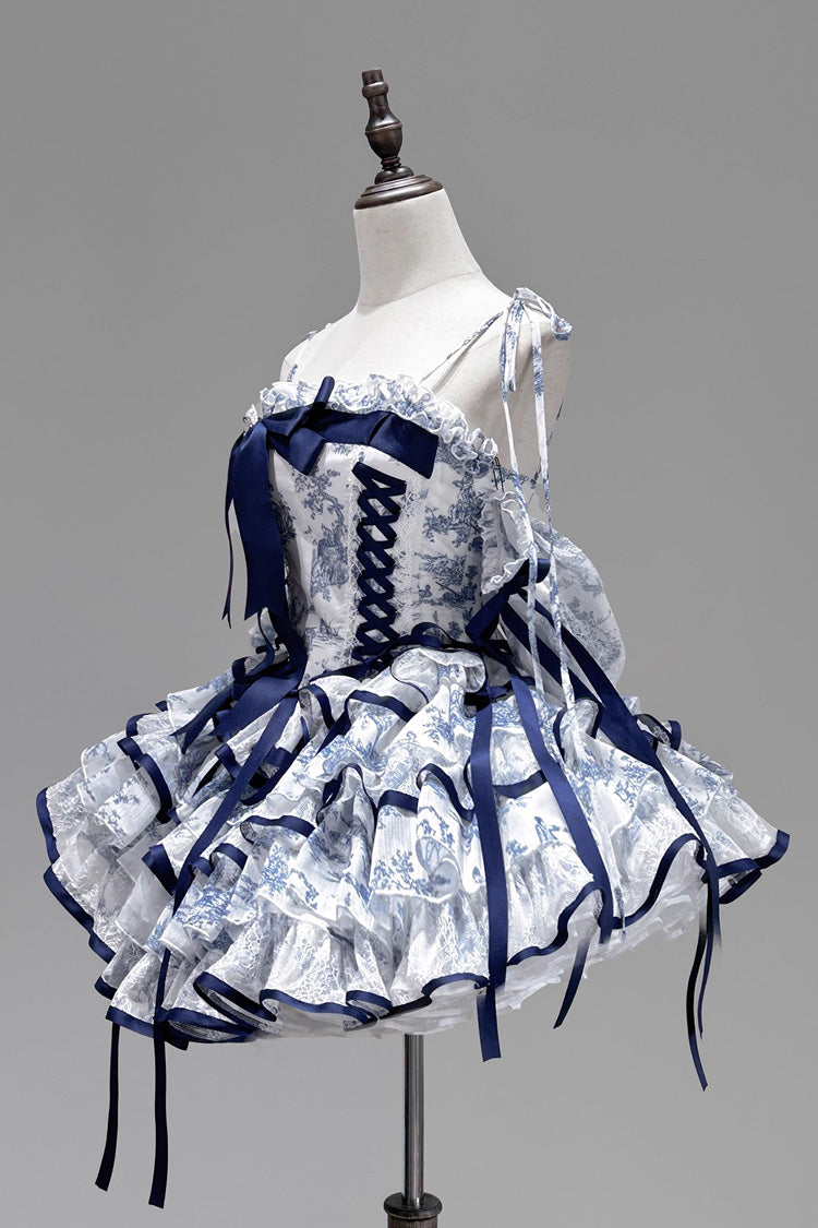 Lolita Jumper Skirt - Blue/white, 2 Colors, Short Length, Bow Detail, Printed - additional product view 3