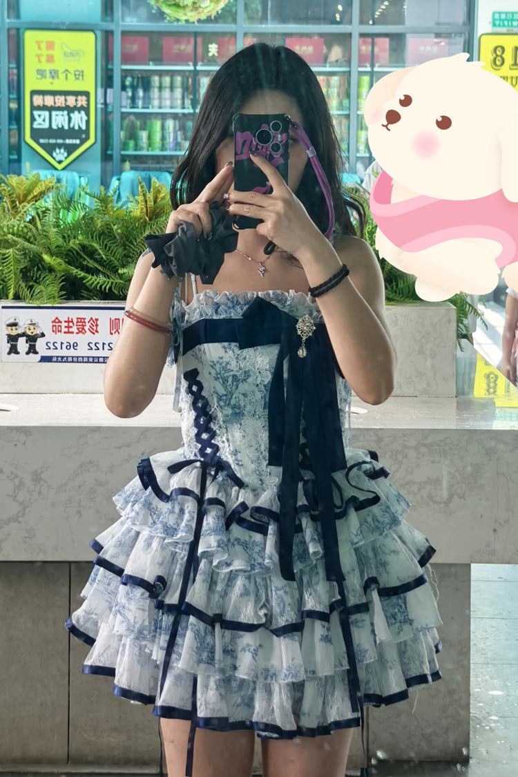 Lolita Jumper Skirt - Blue/white, 2 Colors, Short Length, Bow Detail, Printed - additional product view 4