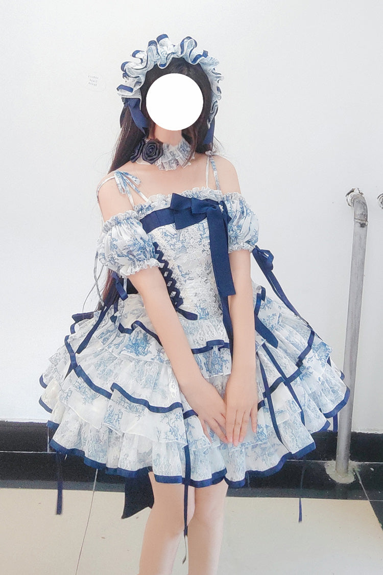 Lolita Jumper Skirt - Blue/white, 2 Colors, Short Length, Bow Detail, Printed - additional product view 5