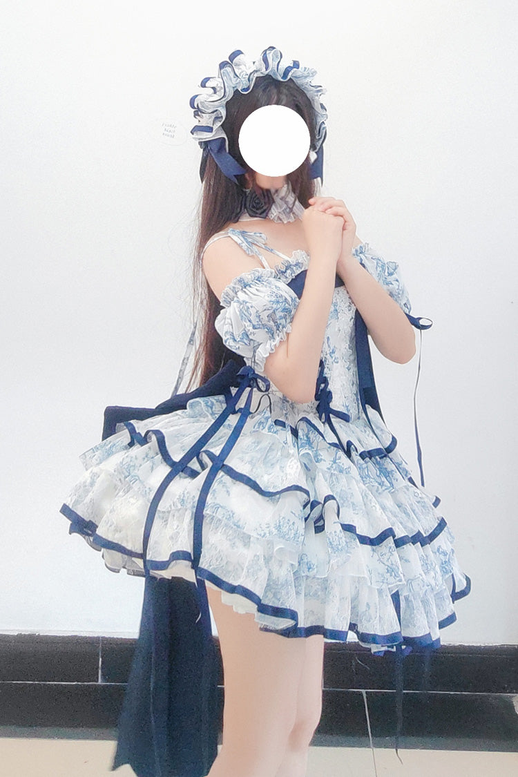 Lolita Jumper Skirt - Blue/white, 2 Colors, Short Length, Bow Detail, Printed - additional product view 6