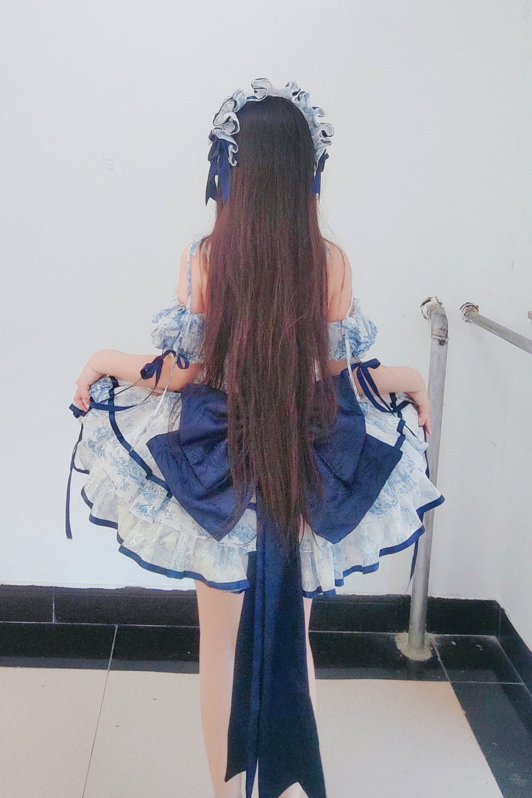 Lolita Jumper Skirt - Blue/white, 2 Colors, Short Length, Bow Detail, Printed - additional product view 7