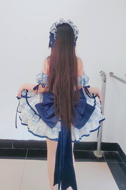Lolita Jumper Skirt - Blue/white, 2 Colors, Short Length, Bow Detail, Printed - additional product view 7