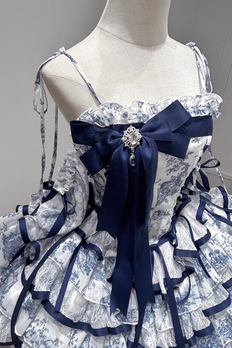 Lolita Jumper Skirt - Blue/white, 2 Colors, Short Length, Bow Detail, Printed - additional product view 8