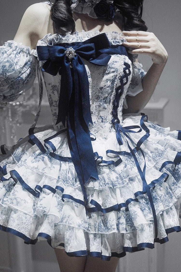 Lolita Jumper Skirt - Blue/white, 2 Colors, Short Length, Bow Detail, Printed - additional product view 9