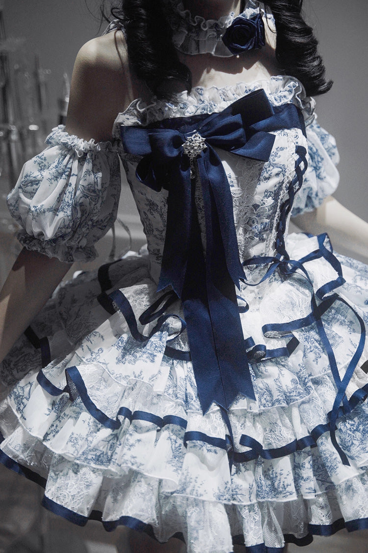 Lolita Jumper Skirt - Blue/white, 2 Colors, Short Length, Bow Detail, Printed - additional product view 10
