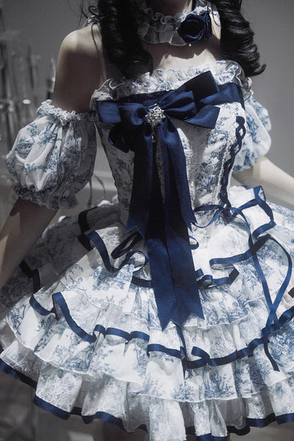 Lolita Jumper Skirt - Blue/white, 2 Colors, Short Length, Bow Detail, Printed - additional product view 10