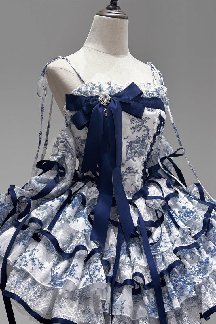 Lolita Jumper Skirt - Blue/white, 2 Colors, Short Length, Bow Detail, Printed - main product image