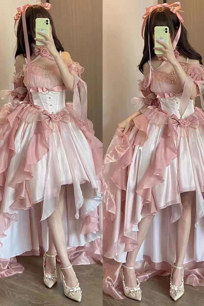 Lolita Jumper Skirt - Bowknot Irregular Princess, Pink, Sweet Style, Bow Detail - additional product view 4