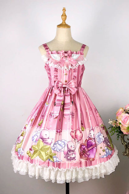 Lolita Jumper Skirt - Bunny Star Paradise, 4 Colors, Sweet Style, Bow Detail, Lace Trim - main product image