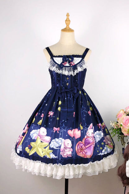 Lolita Jumper Skirt - Bunny Star Paradise, 4 Colors, Sweet Style, Bow Detail, Lace Trim - S Dark-Blue / L Dark-Blue / 2XL Dark-Blue option