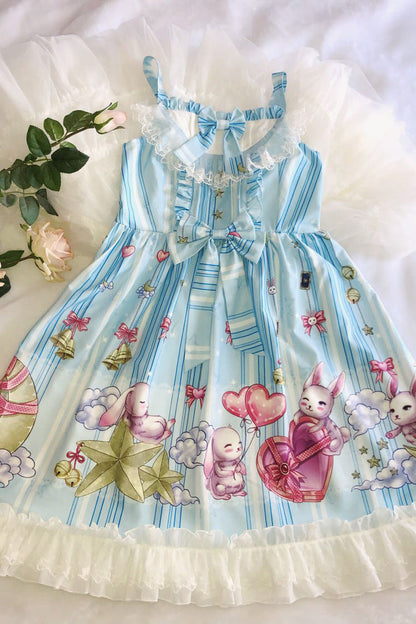Lolita Jumper Skirt - Bunny Star Paradise, 4 Colors, Sweet Style, Bow Detail, Lace Trim - S Light-Blue / L Light-Blue / 2XL Light-Blue option