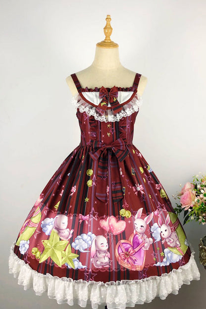 Lolita Jumper Skirt - Bunny Star Paradise, 4 Colors, Sweet Style, Bow Detail, Lace Trim - S Red / L Red / 2XL Red option