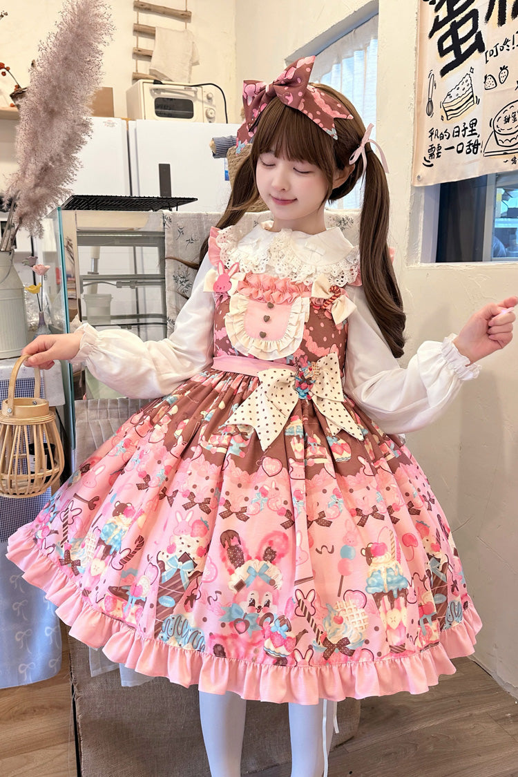 Lolita Jumper Skirt - Bunny Tea Party, Pink, Ruffled, Printed, Sweet Style - additional product view 3