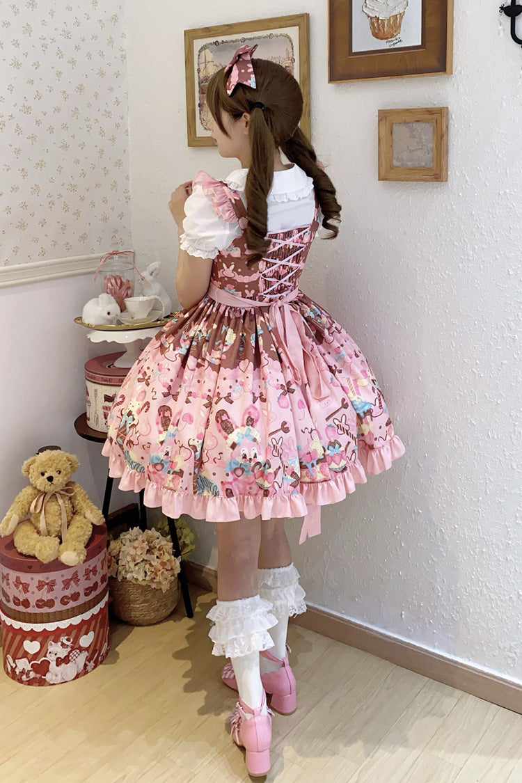 Lolita Jumper Skirt - Bunny Tea Party, Pink, Ruffled, Printed, Sweet Style - additional product view 4