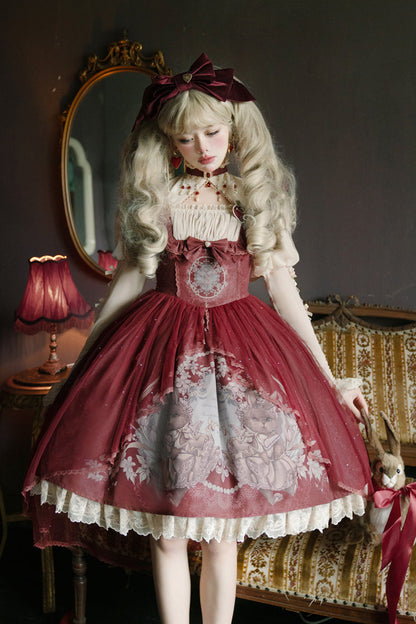 Lolita Jumper Skirt - Bunny Tea Party Print, Red, Bow Detail, Ruffled, Printed - additional product view 2