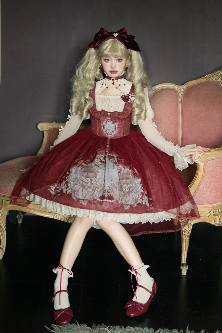 Lolita Jumper Skirt - Bunny Tea Party Print, Red, Bow Detail, Ruffled, Printed - additional product view 3