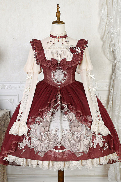 Lolita Jumper Skirt - Bunny Tea Party Print, Red, Bow Detail, Ruffled, Printed - additional product view 4