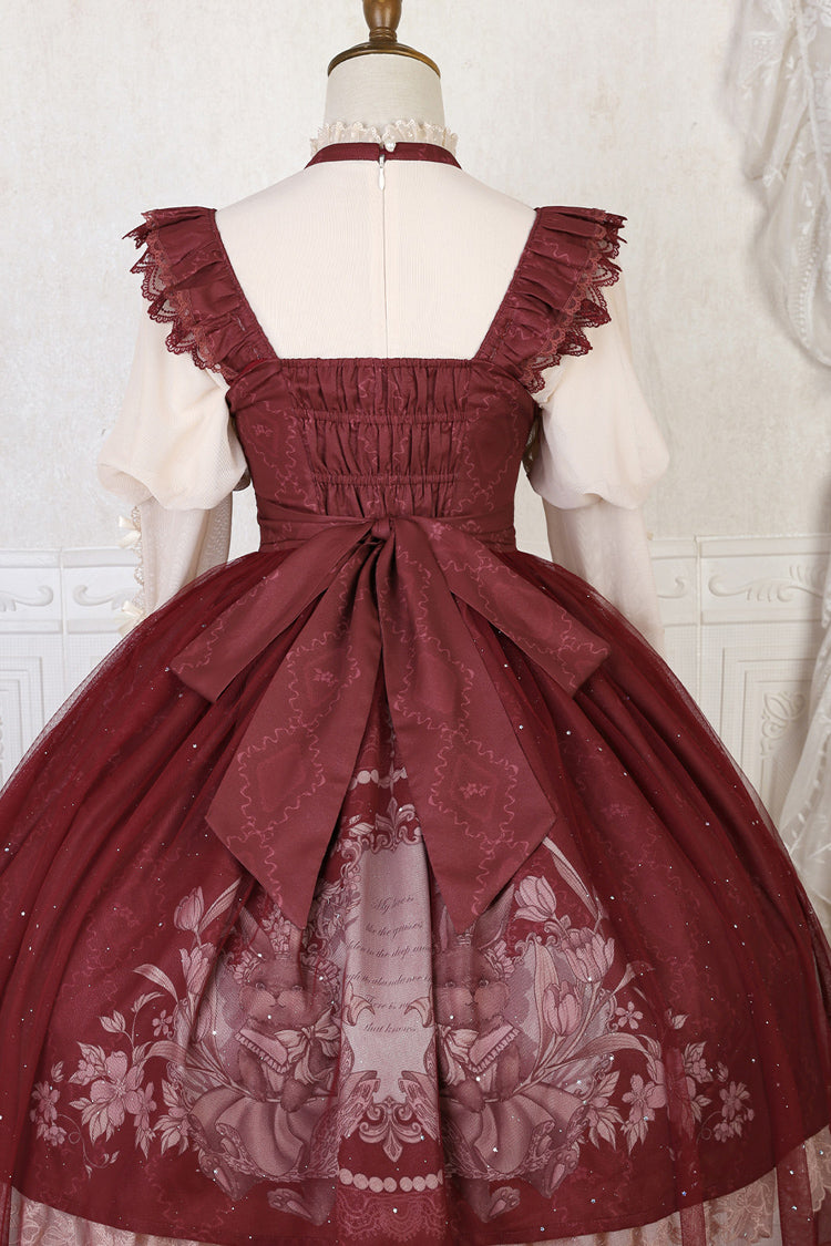 Lolita Jumper Skirt - Bunny Tea Party Print, Red, Bow Detail, Ruffled, Printed - additional product view 5