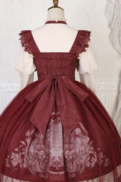 Lolita Jumper Skirt - Bunny Tea Party Print, Red, Bow Detail, Ruffled, Printed - additional product view 5