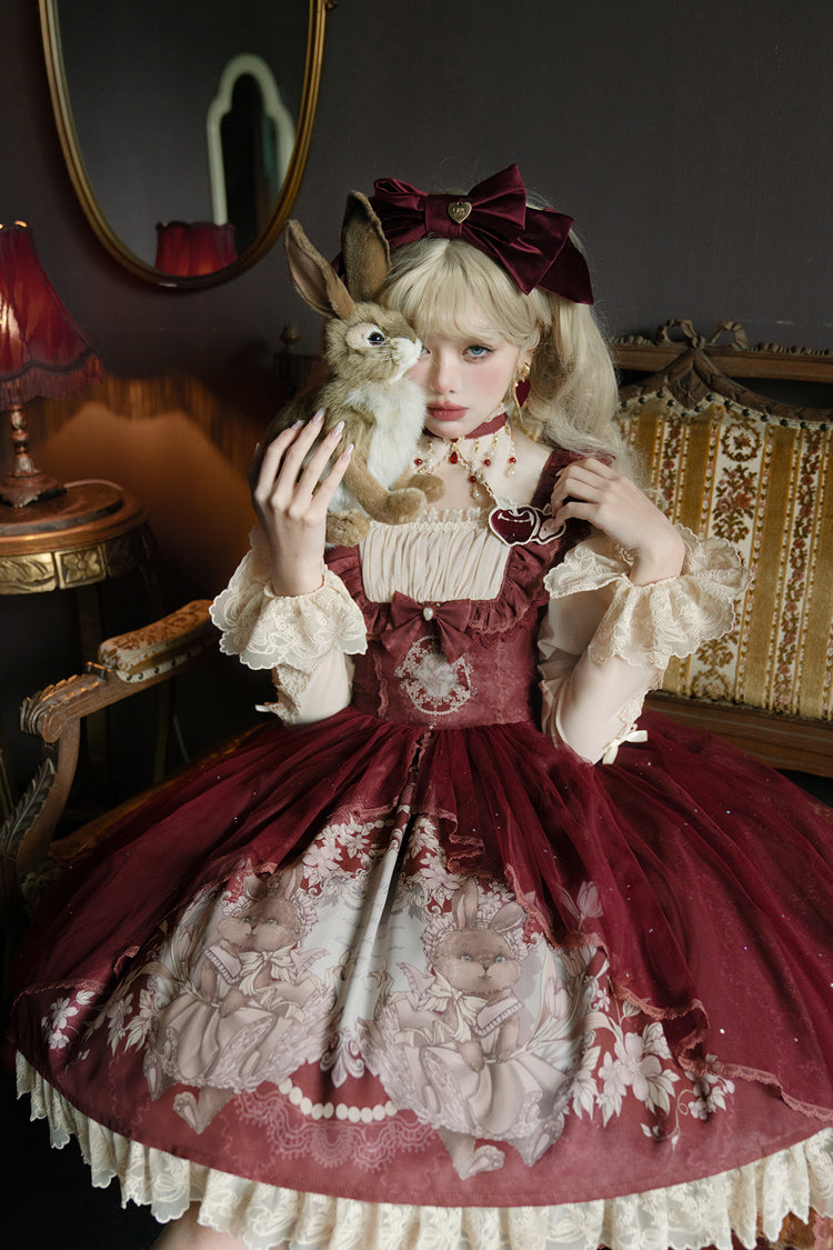 Lolita Jumper Skirt - Bunny Tea Party Print, Red, Bow Detail, Ruffled, Printed - additional product view 6