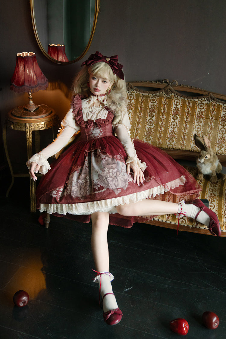 Lolita Jumper Skirt - Bunny Tea Party Print, Red, Bow Detail, Ruffled, Printed - additional product view 7