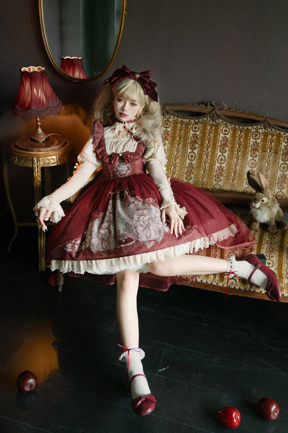 Lolita Jumper Skirt - Bunny Tea Party Print, Red, Bow Detail, Ruffled, Printed - additional product view 7