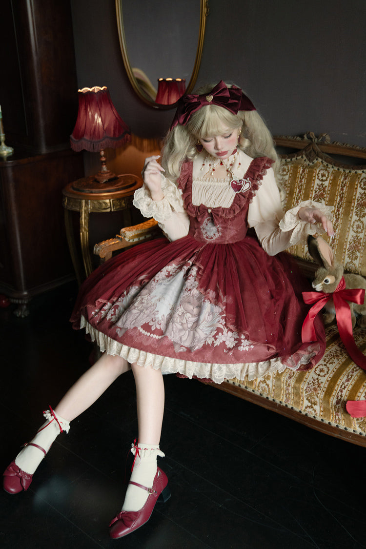 Lolita Jumper Skirt - Bunny Tea Party Print, Red, Bow Detail, Ruffled, Printed - additional product view 8