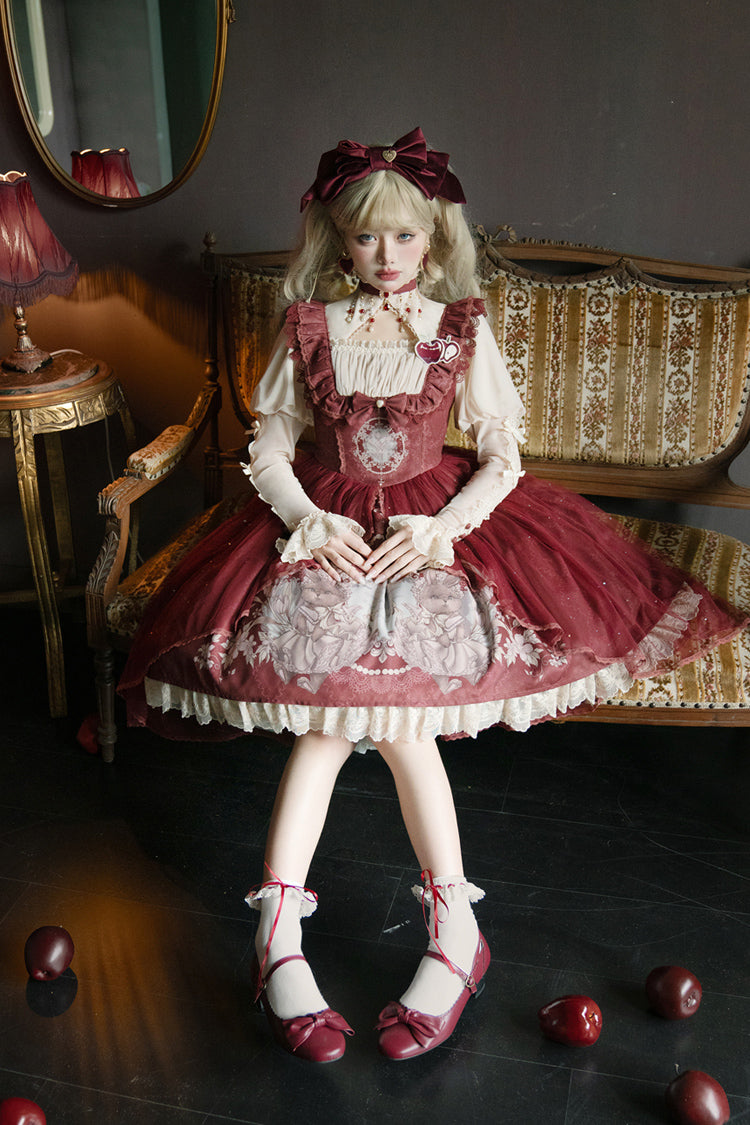 Lolita Jumper Skirt - Bunny Tea Party Print, Red, Bow Detail, Ruffled, Printed - additional product view 9